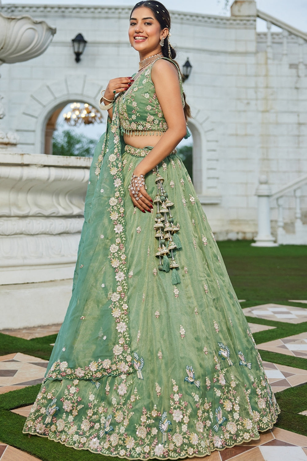 TISSUE LEHENGA CHOLI WITH RESHAM EMBROIDERY AND SEQUINS