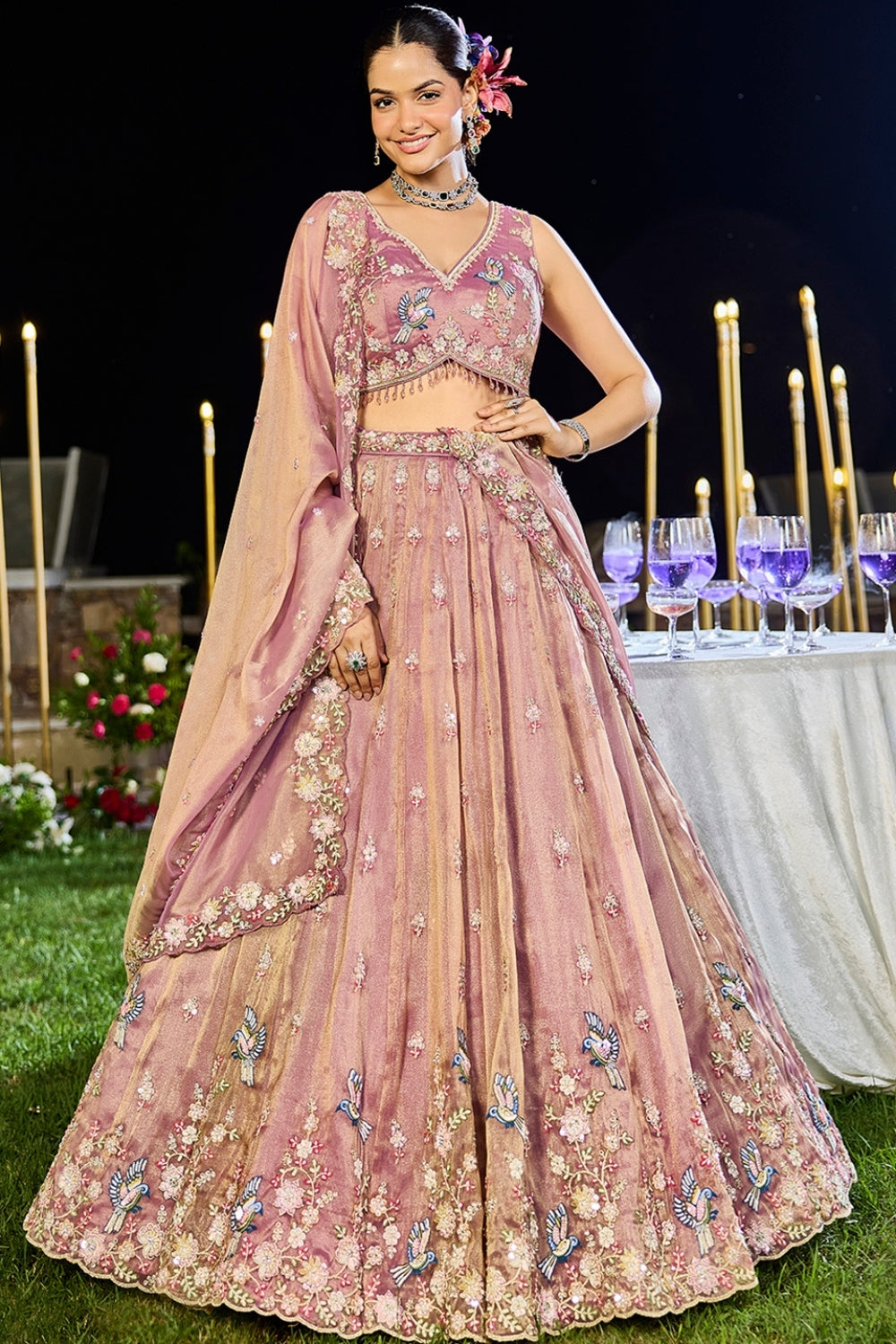 TISSUE LEHENGA CHOLI WITH RESHAM EMBROIDERY AND SEQUINS