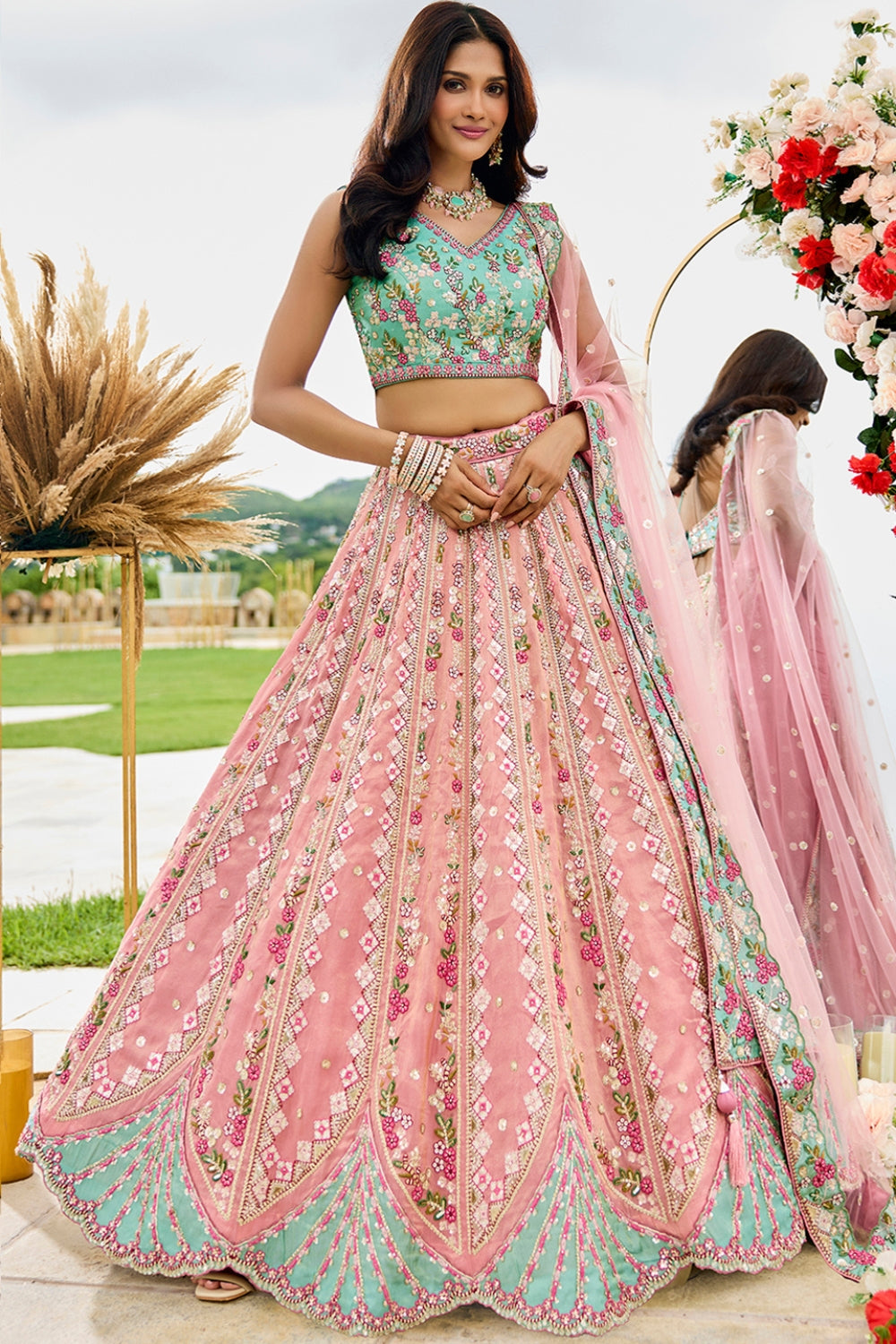 TISSUE LEHENGA CHOLI WITH RESHAM EMBROIDERY AND SEQUINS