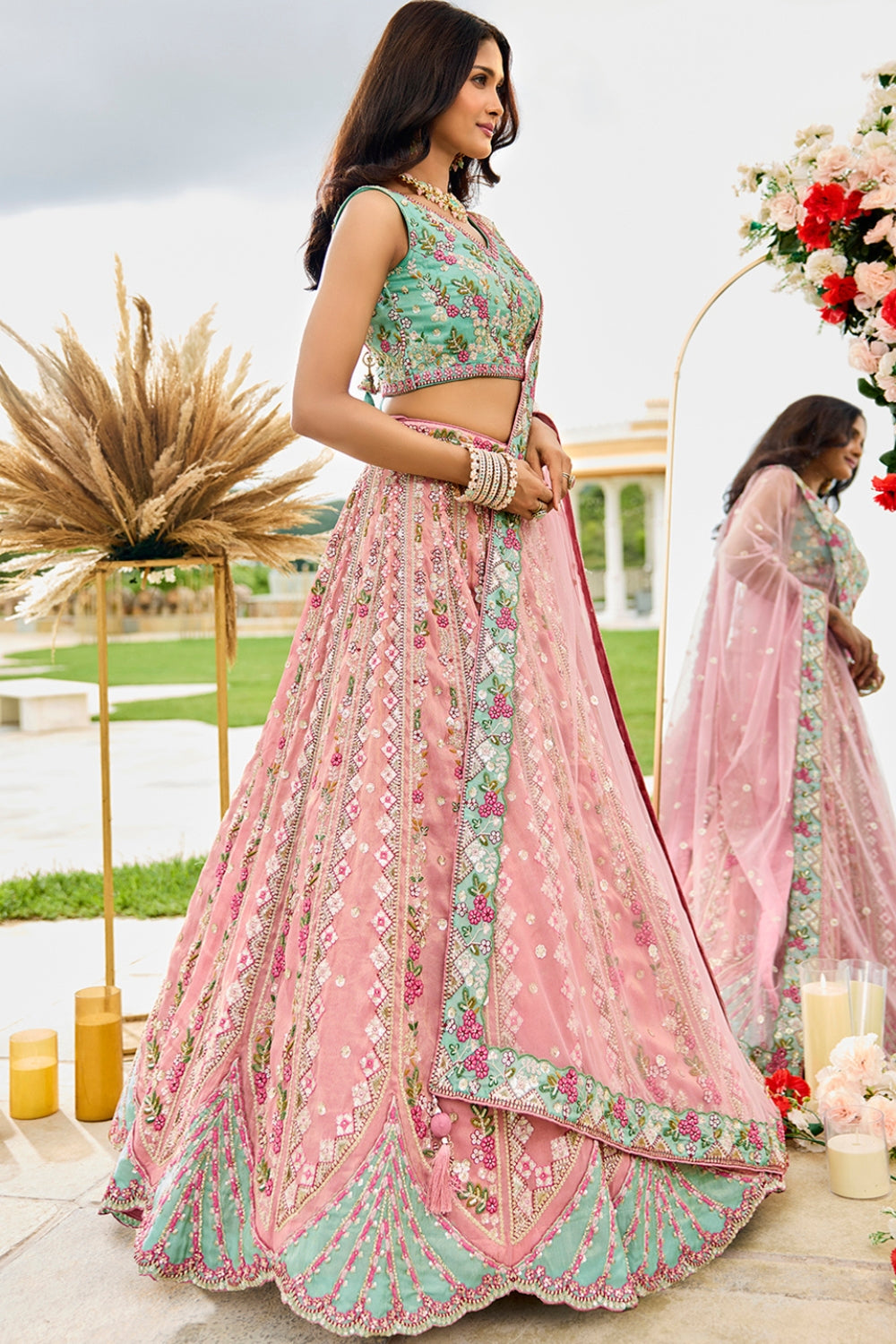 TISSUE LEHENGA CHOLI WITH RESHAM EMBROIDERY AND SEQUINS