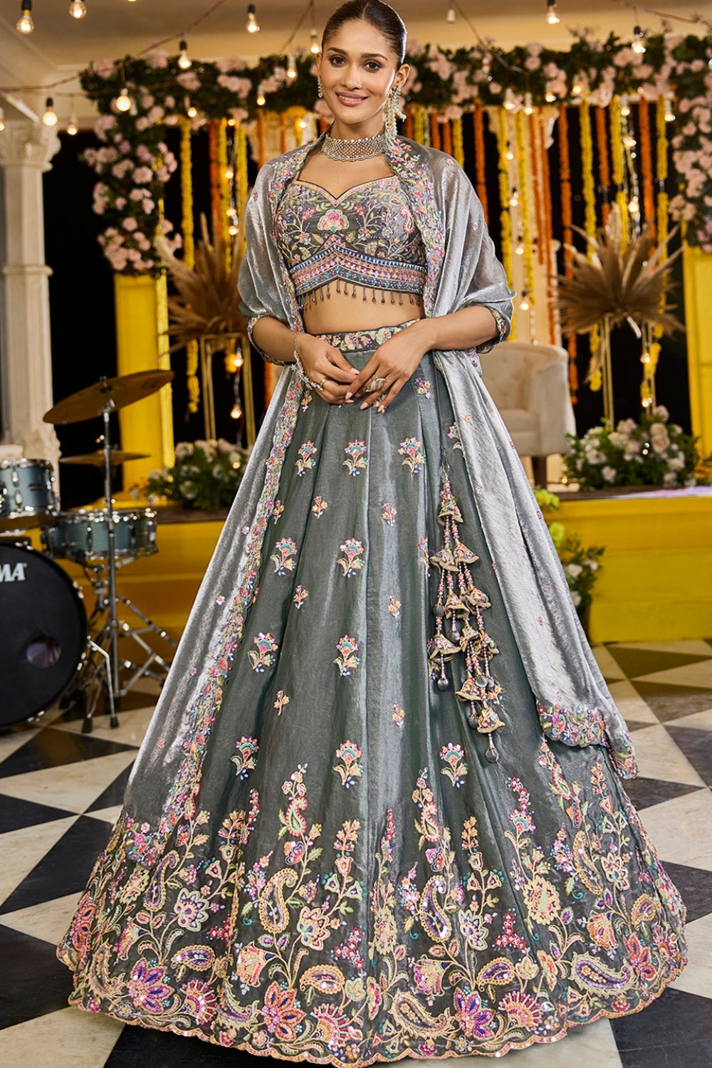 TISSUE LEHENGA CHOLI WITH STONE AND SEQUINS