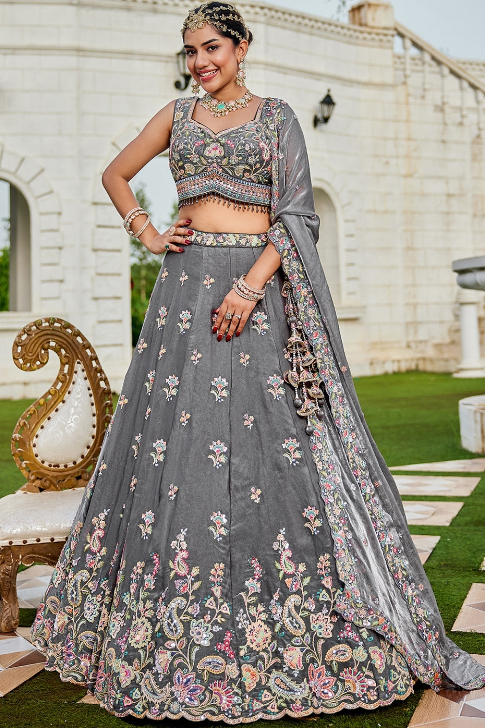 TISSUE LEHENGA CHOLI WITH STONE AND SEQUINS
