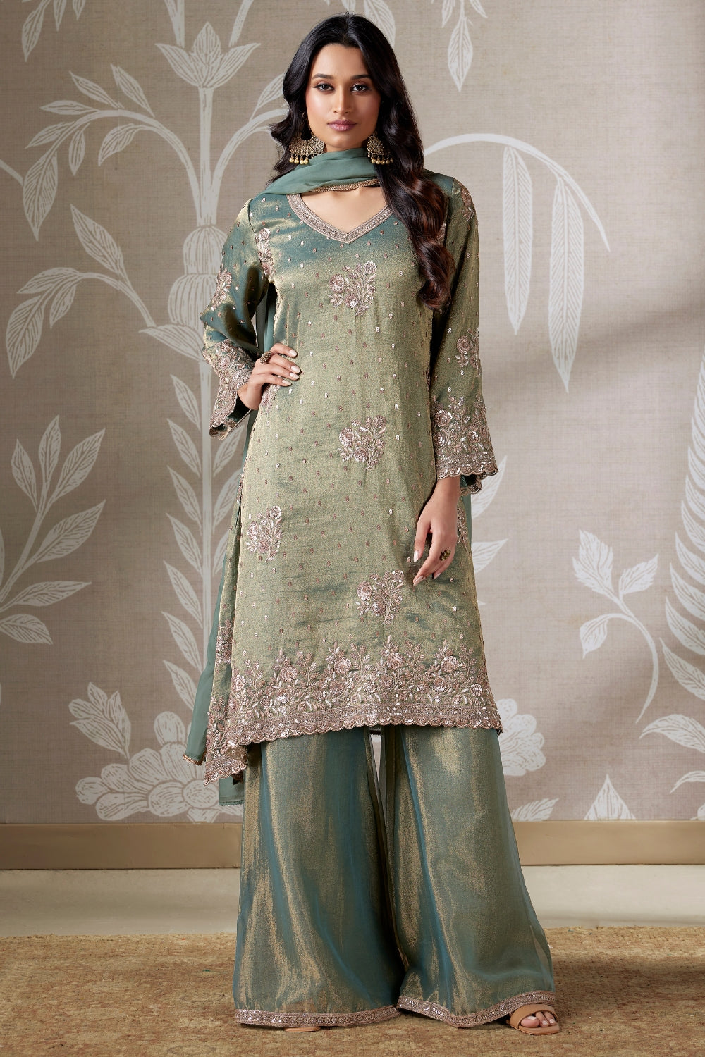TISSUE PALAZZO SUIT WITH EMBROIDERY AND SEQUINS