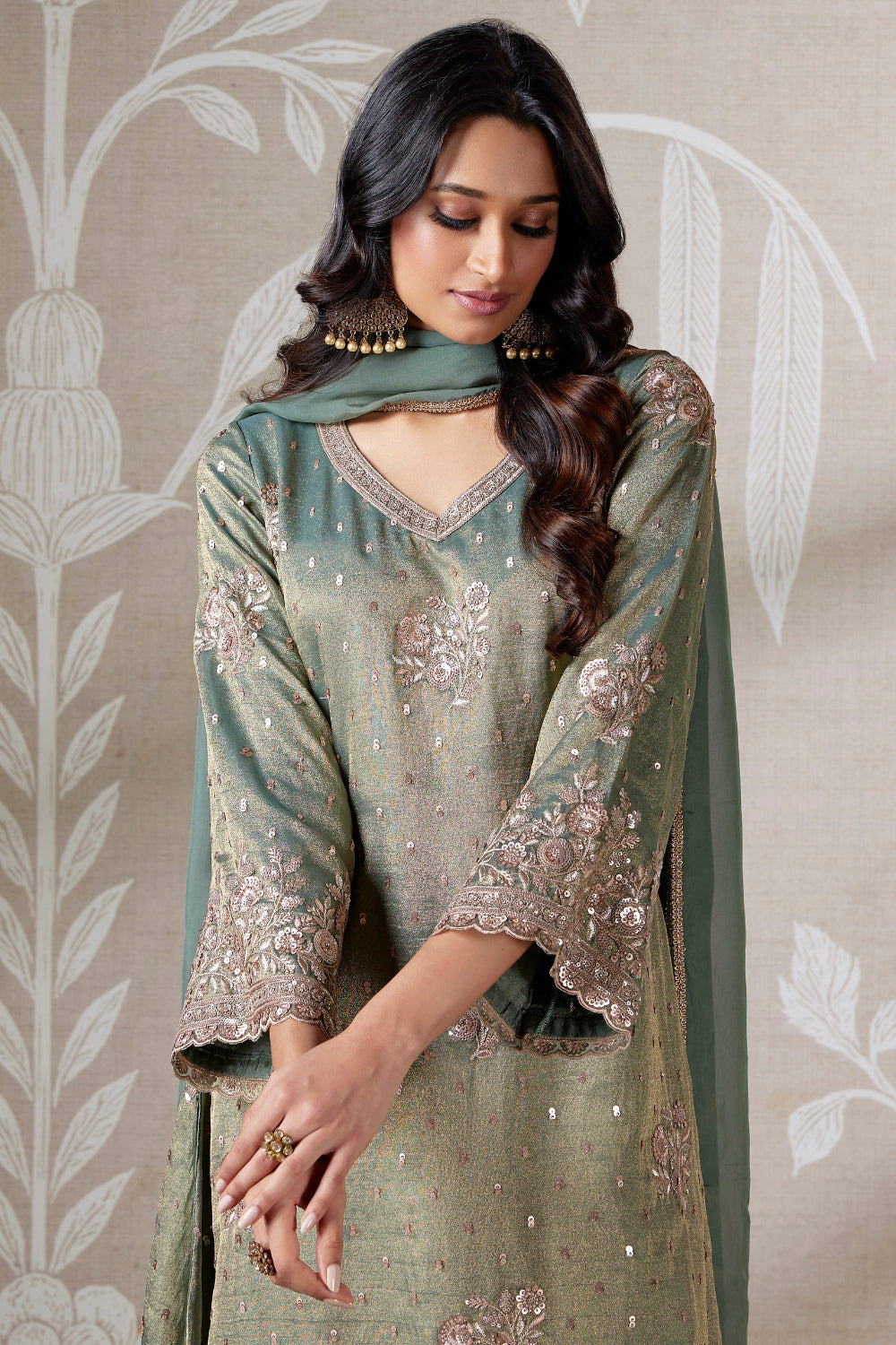 TISSUE PALAZZO SUIT WITH EMBROIDERY AND SEQUINS