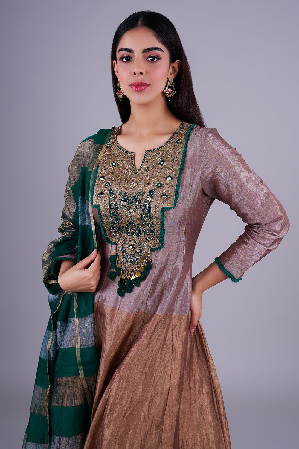 Taupe-emerald embroidered Anarkali set
