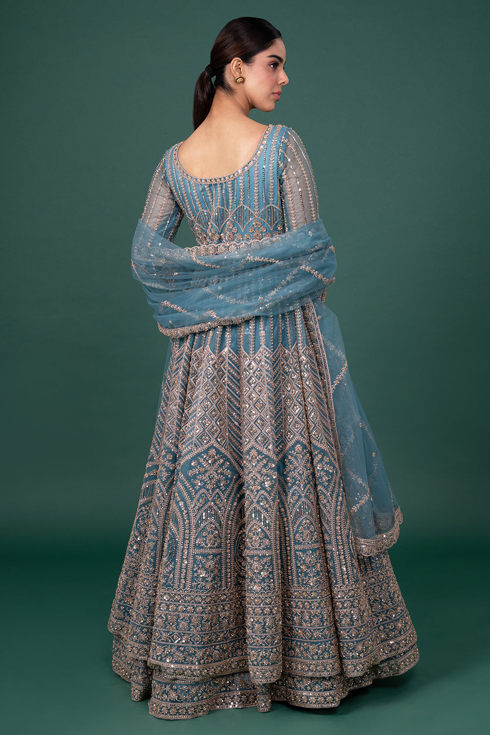 Teal Blue Floor-Length Embroidered Open Jacket with Lehenga
