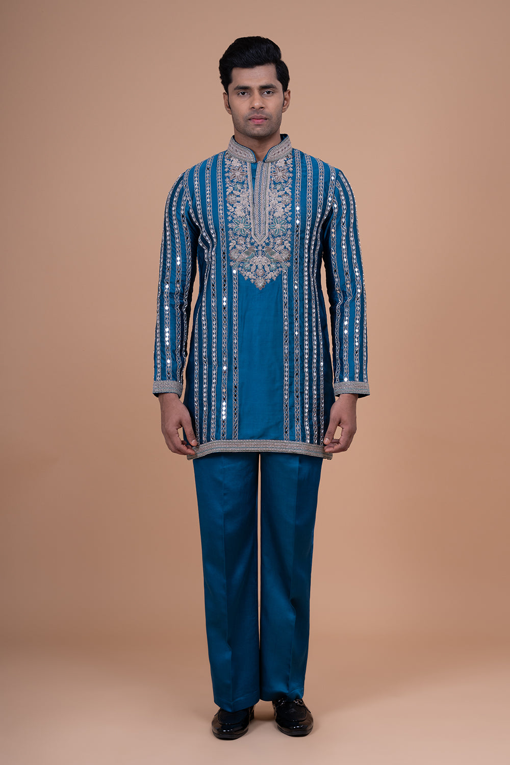Silk Kurta with Vertical Mirror-Work Strips and Embroidered Yoke