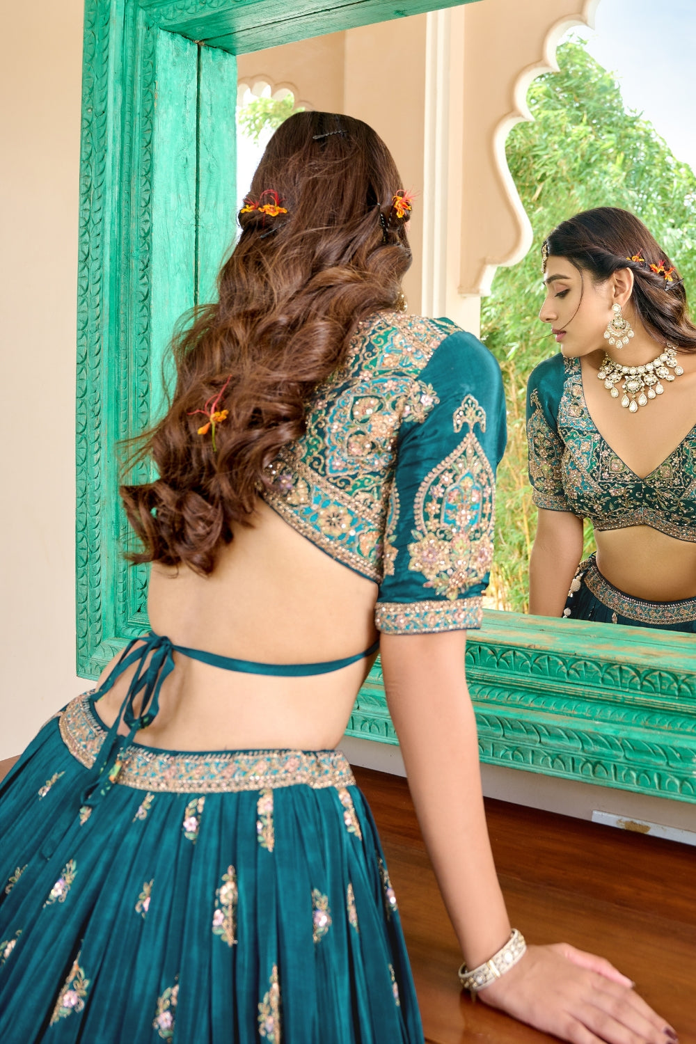 Teal Blue Silk Lehenga Set with Cutdana and Sequins Work