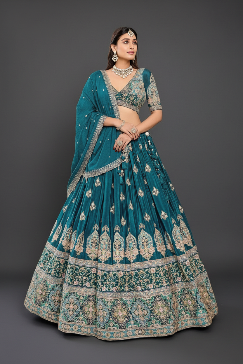 Teal Blue Silk Lehenga Set with Cutdana and Sequins Work