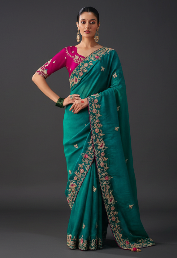 Teal Blue Silk Saree with Resham Embroidery and Stone Work