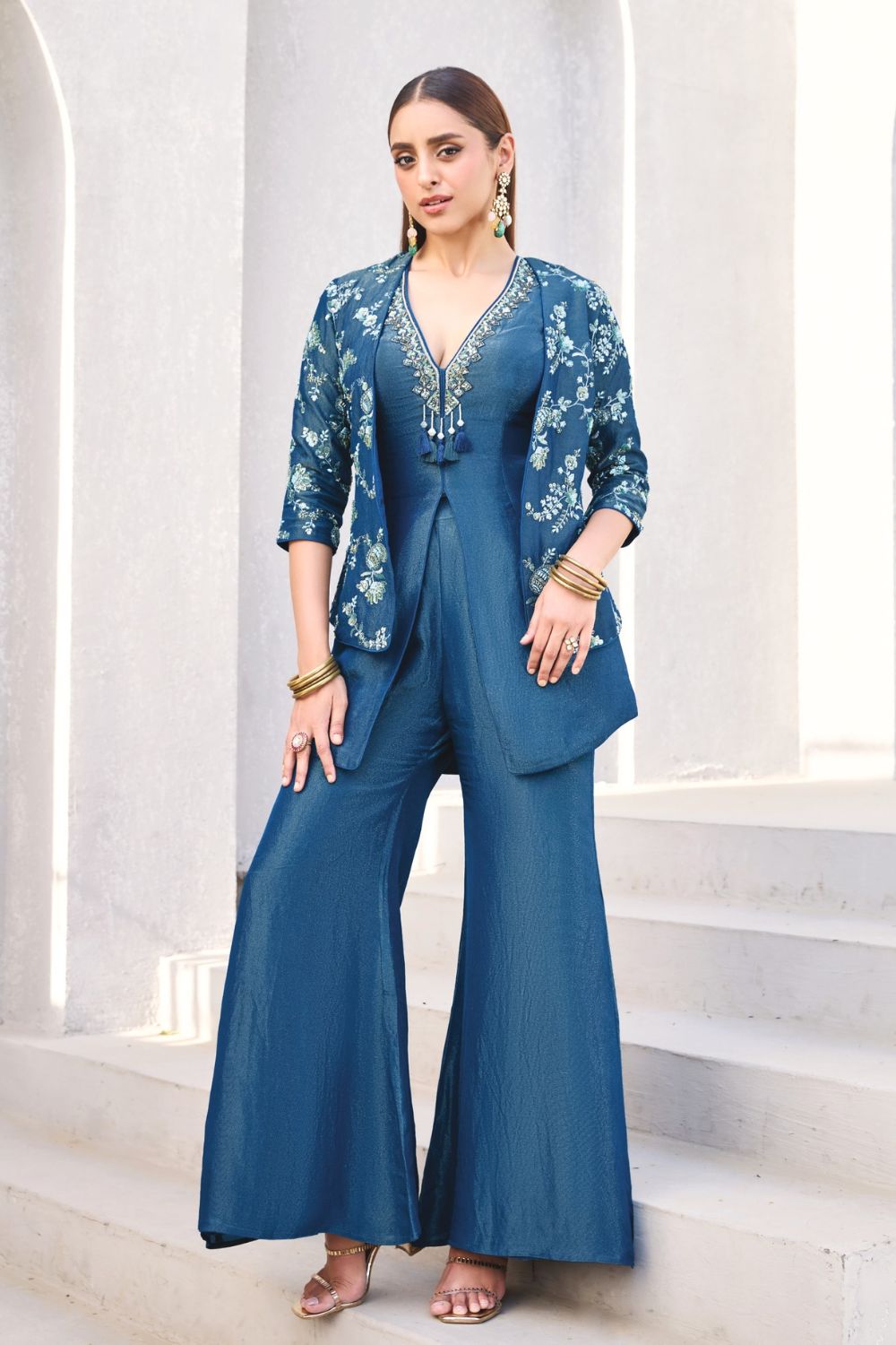 Teal Blue Tissue Embellished Co-Ord Set with Flared Trousers