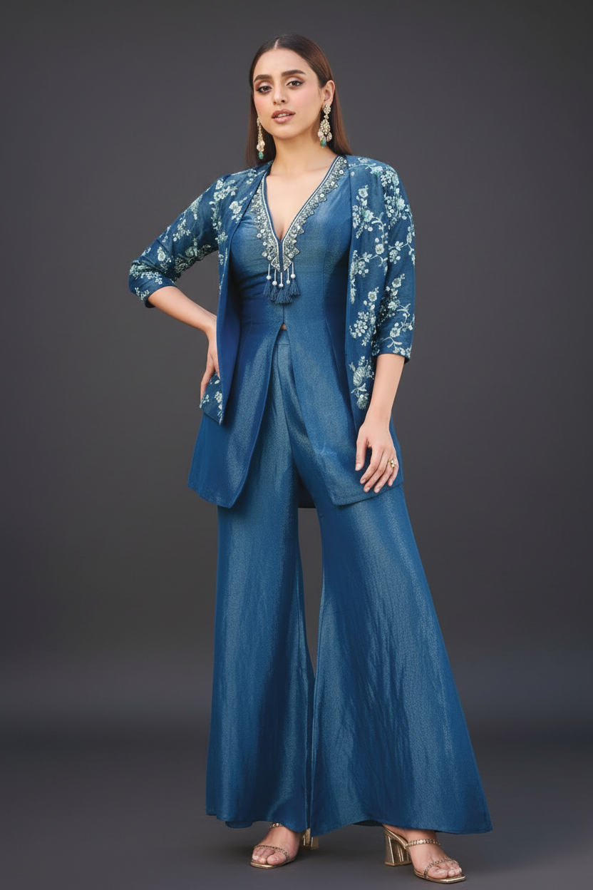 Teal Blue Tissue Embellished Co-Ord Set with Flared Trousers