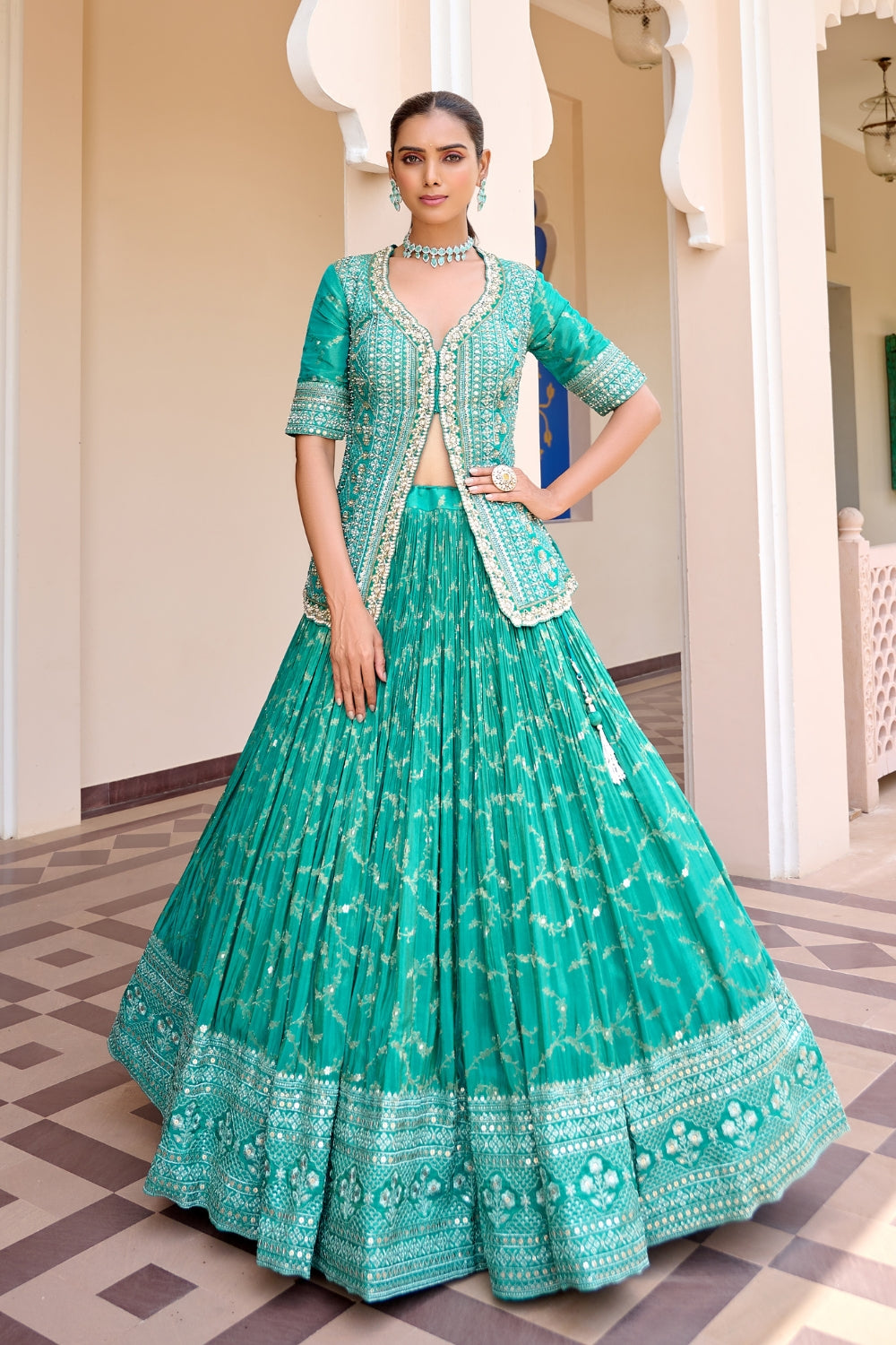 Teal Green Banarasi Silk Lehenga Set with Mirror and Cutdana Work