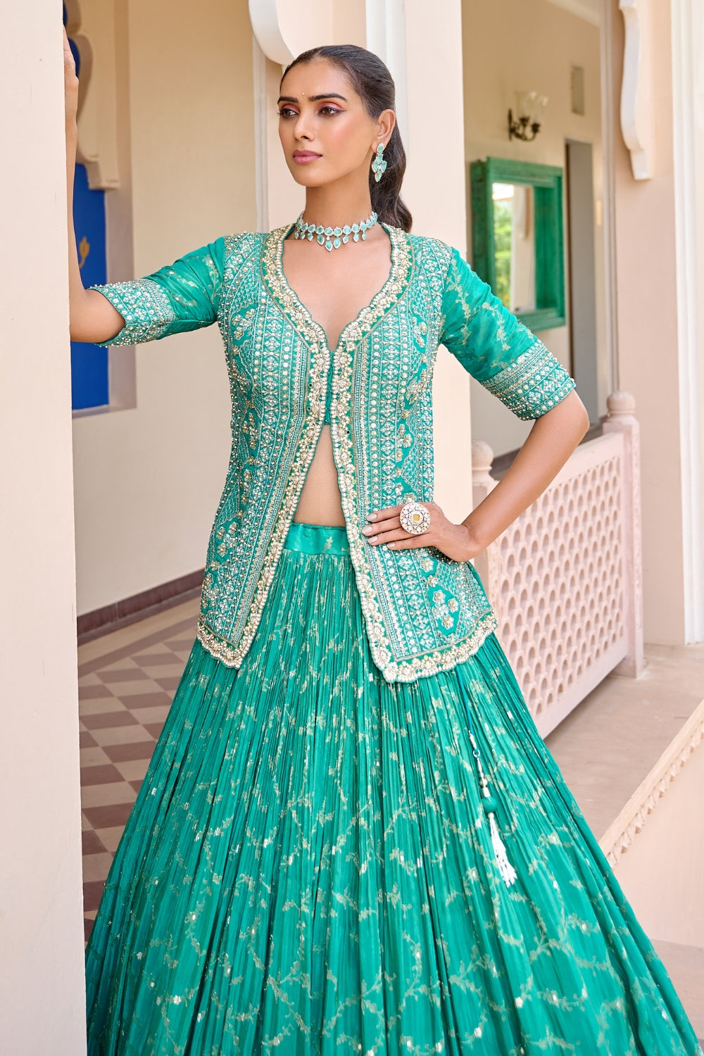 Teal Green Banarasi Silk Lehenga Set with Mirror and Cutdana Work