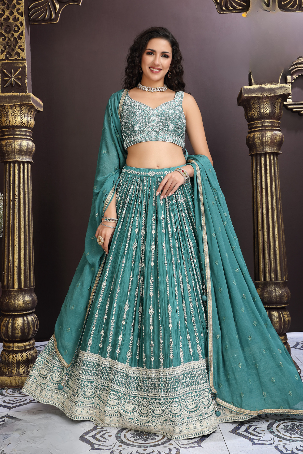 Teal Green Chinon Silk Lehenga Choli with Sequins and Gota Patti Work