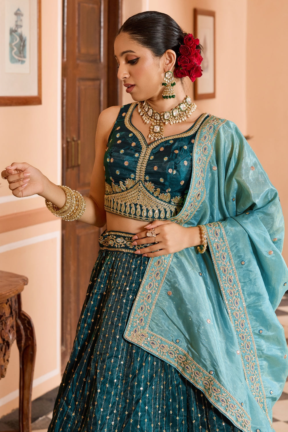 Tissue Lehenga Choli With Resham Embroidery and Sequins