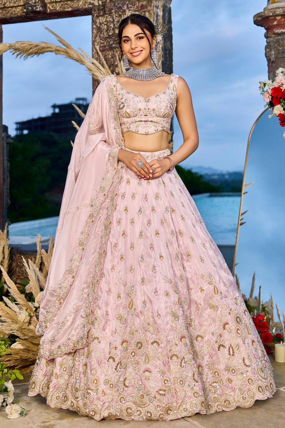 Tissue Lehenga Choli With Sequins and Beads Work