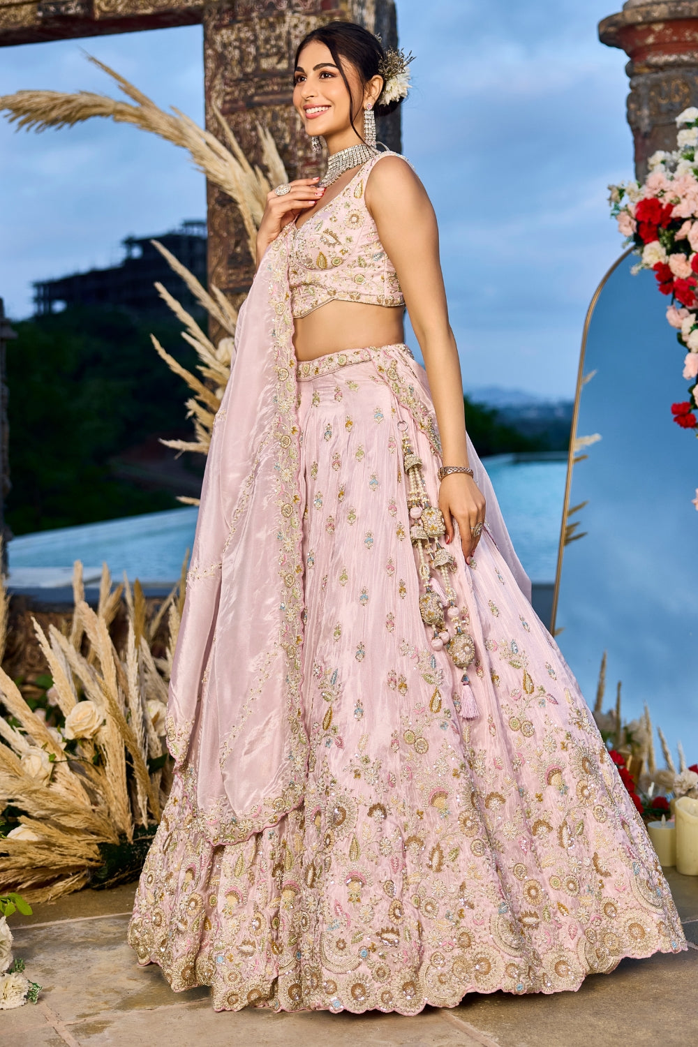 Tissue Lehenga Choli With Sequins and Beads Work