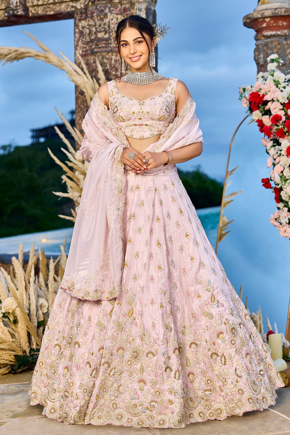 Tissue Lehenga Choli With Sequins and Beads Work