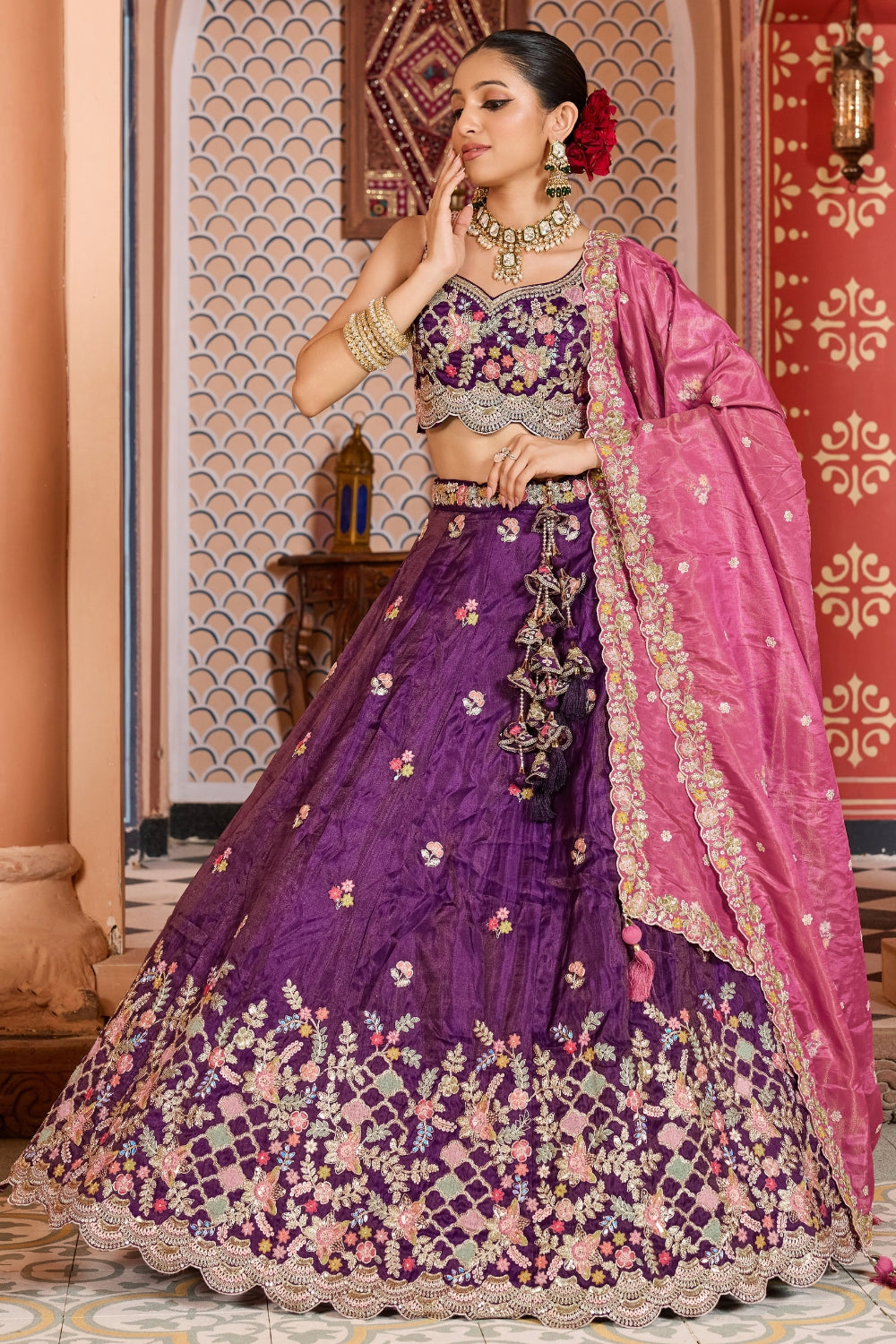 Tissue Lehenga Choli with Resham Embroidery and Stone Work