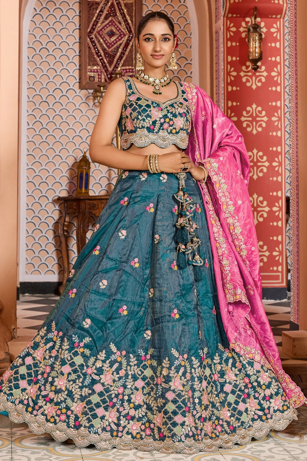 Tissue Lehenga Choli with Resham Embroidery and Stone Work