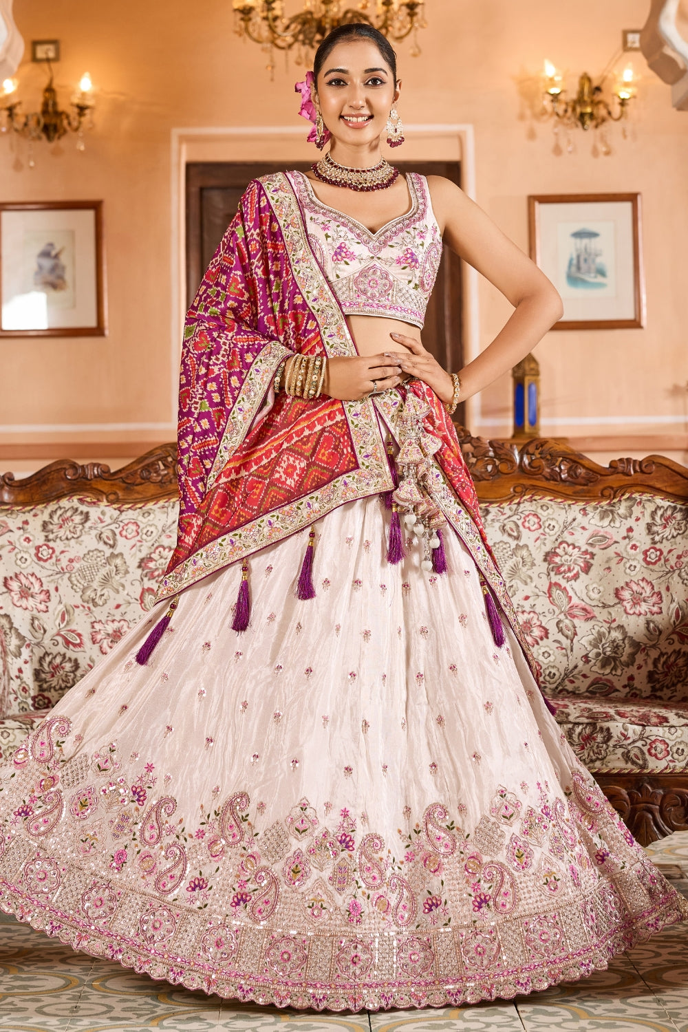 Beige Tissue Lehenga Set With Sequins and Resham Embroidery Work