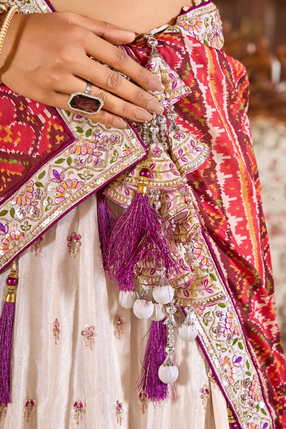 Beige Tissue Lehenga Set With Sequins and Resham Embroidery Work