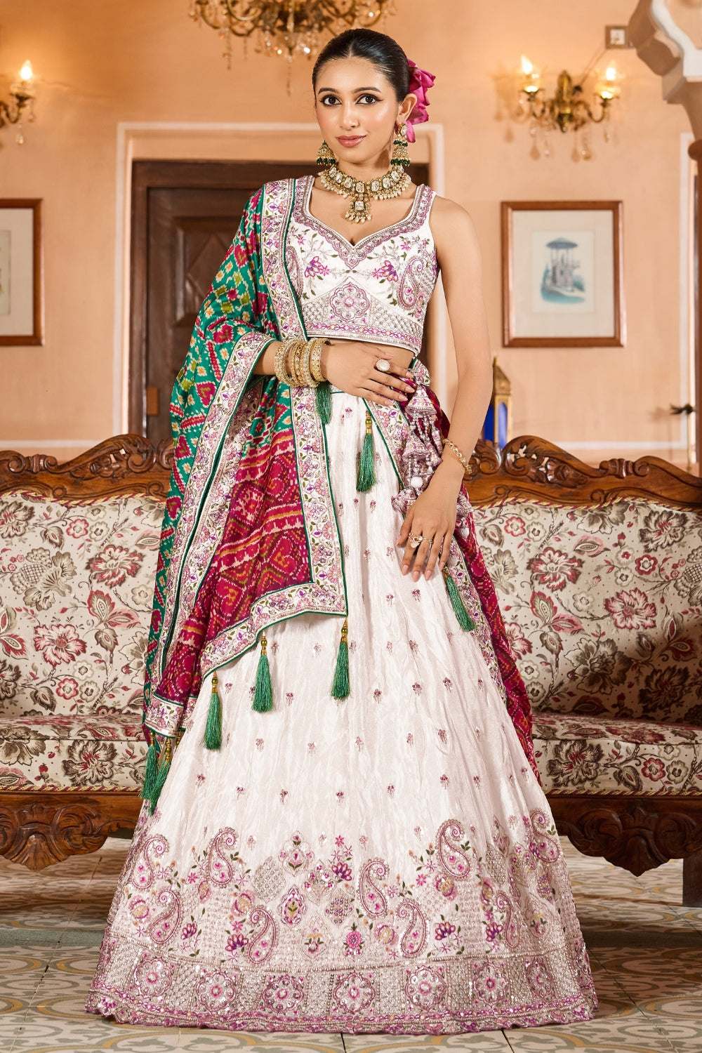 Tissue Lehenga Set With Sequins and Resham Embroidery Work