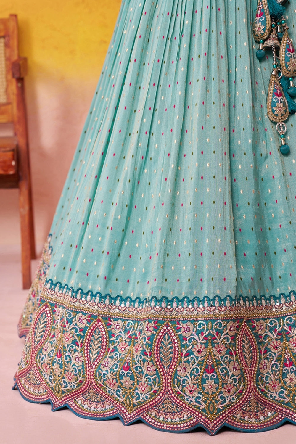 Tissue Lehenga Set with Embroidery and Mirror Work