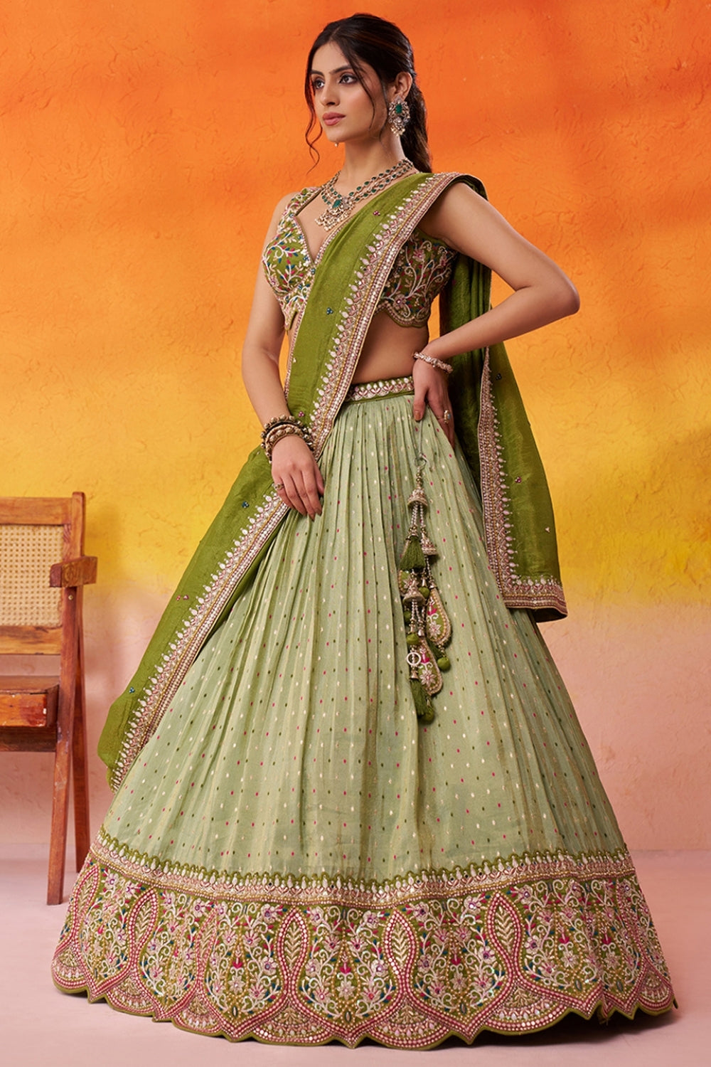 Tissue Lehenga Set with Embroidery and Mirror Work
