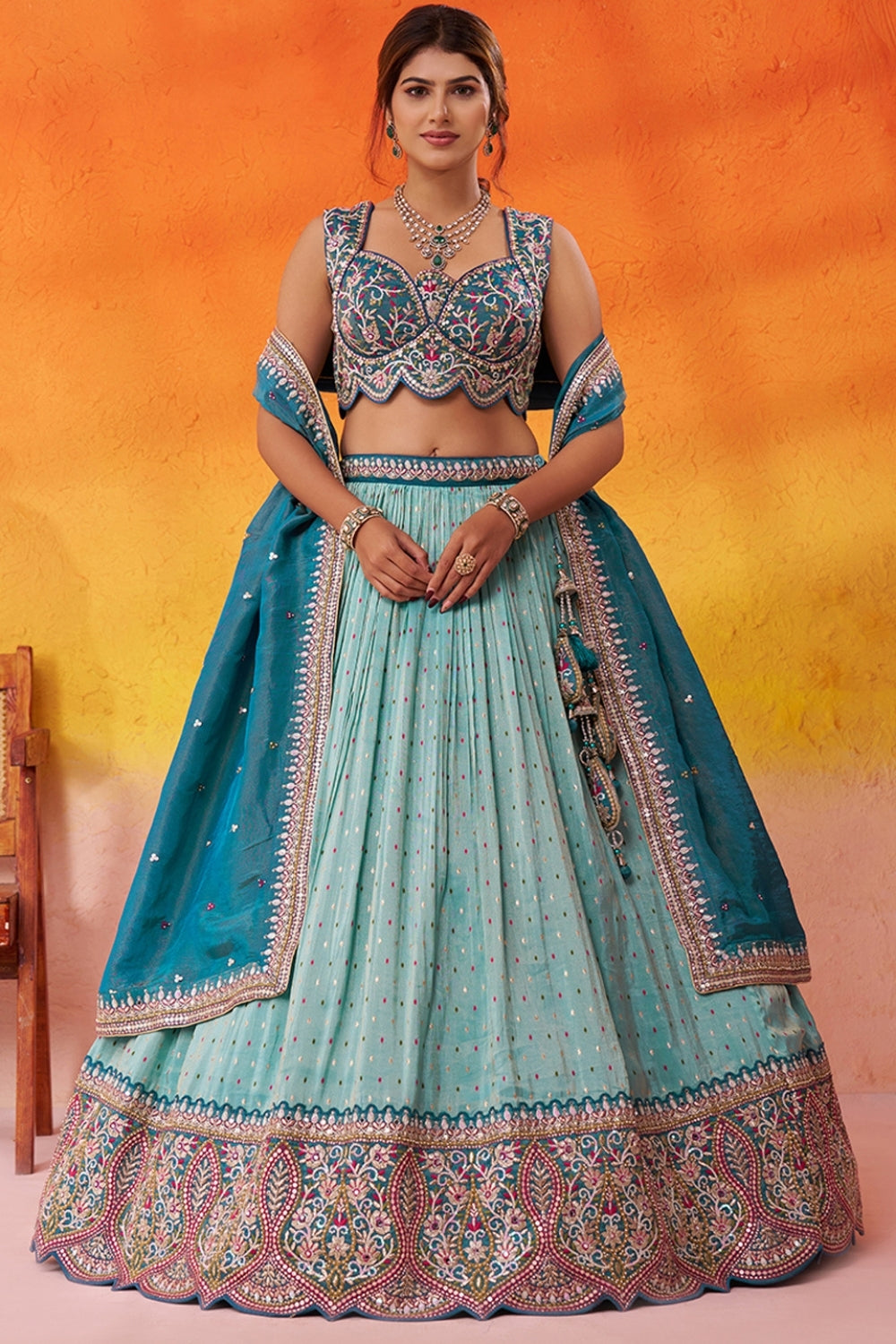 Tissue Lehenga Set with Embroidery and Mirror Work