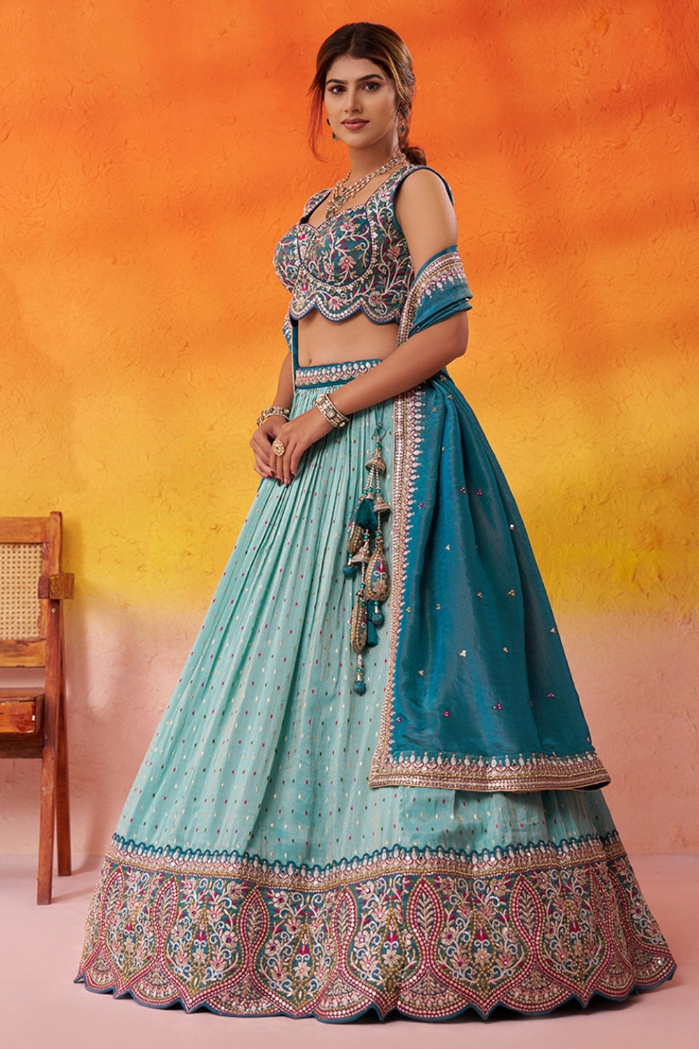 Tissue Lehenga Set with Embroidery and Mirror Work