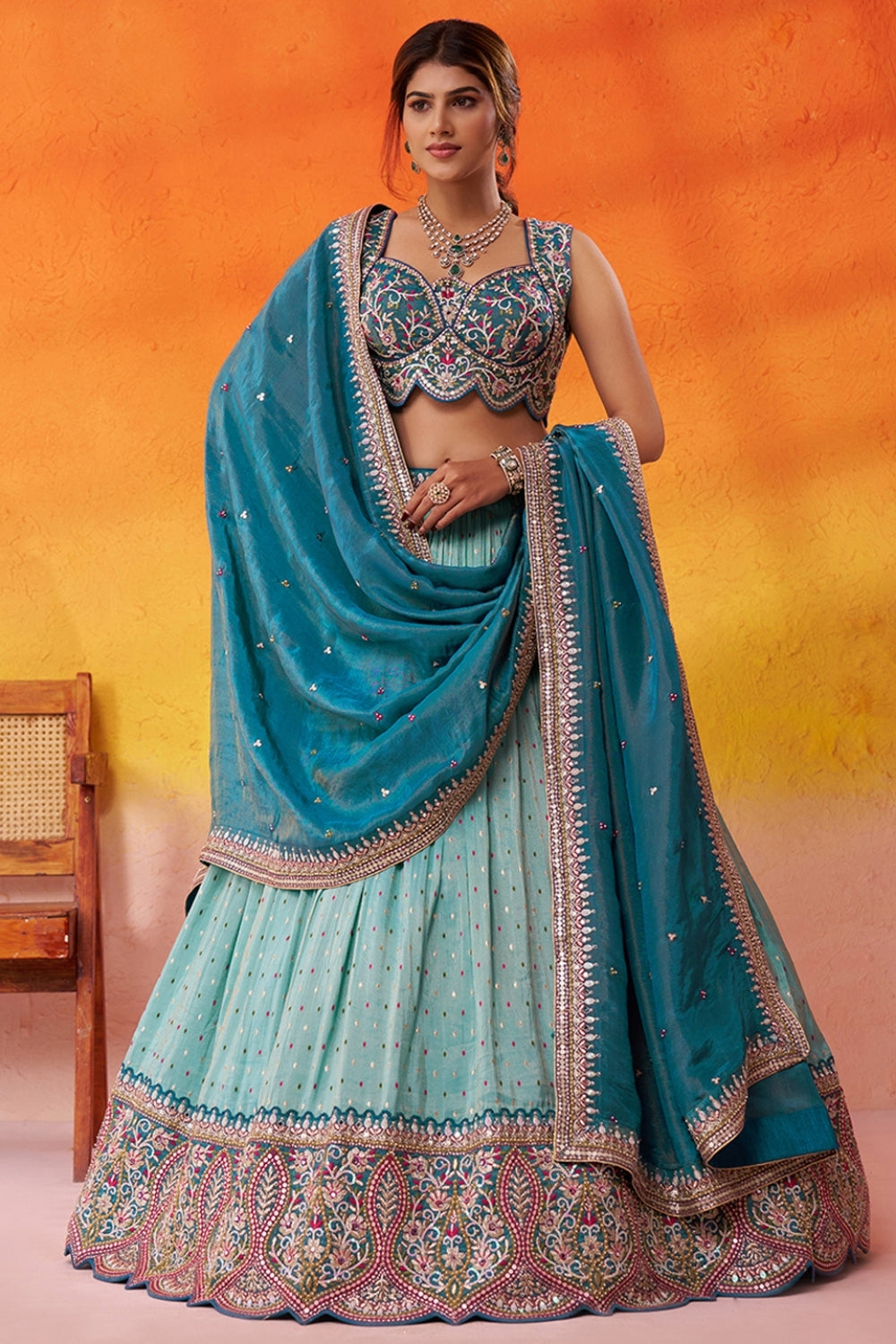 Tissue Lehenga Set with Embroidery and Mirror Work