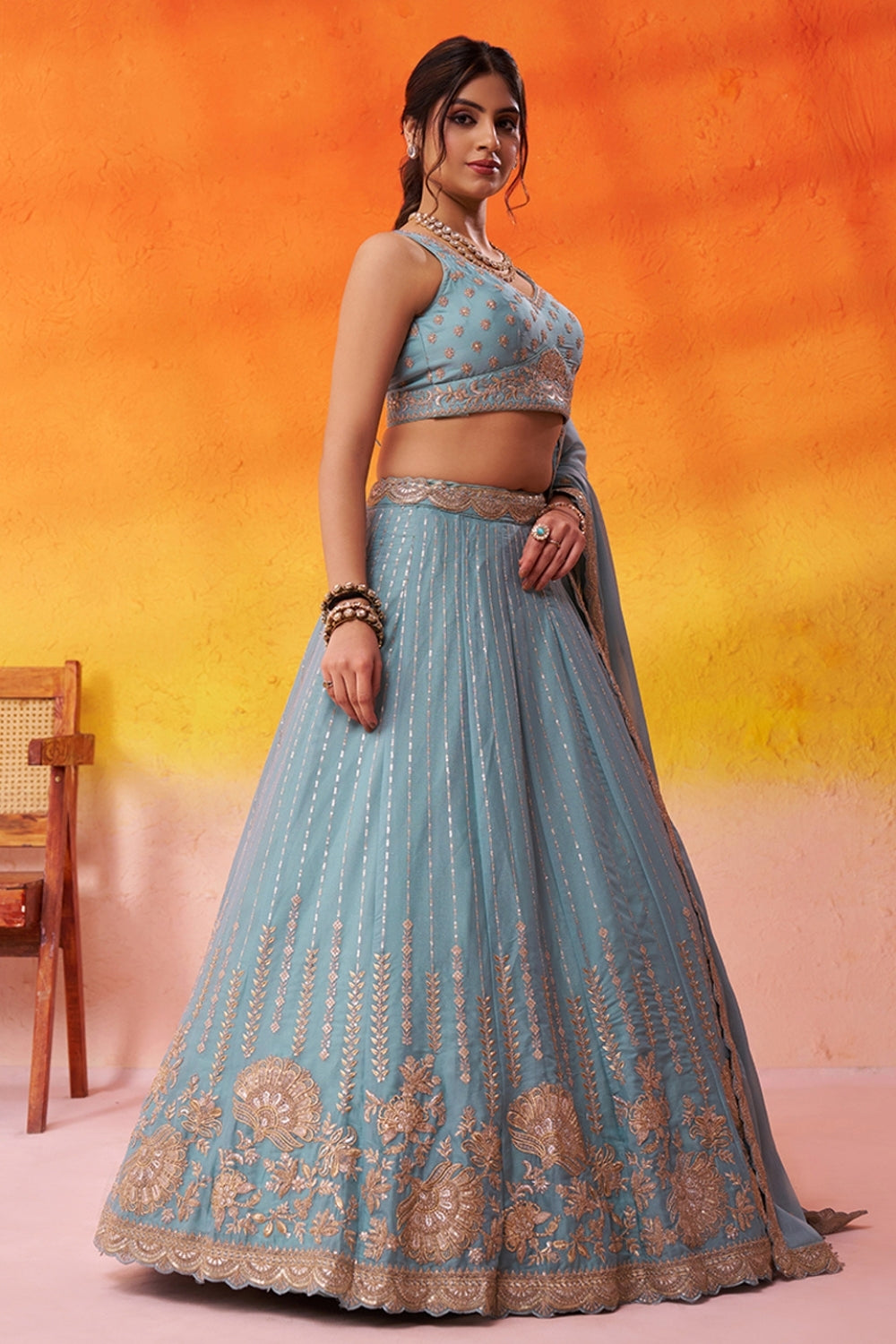 Tissue Lehenga Set with Embroidery and Sequins Work