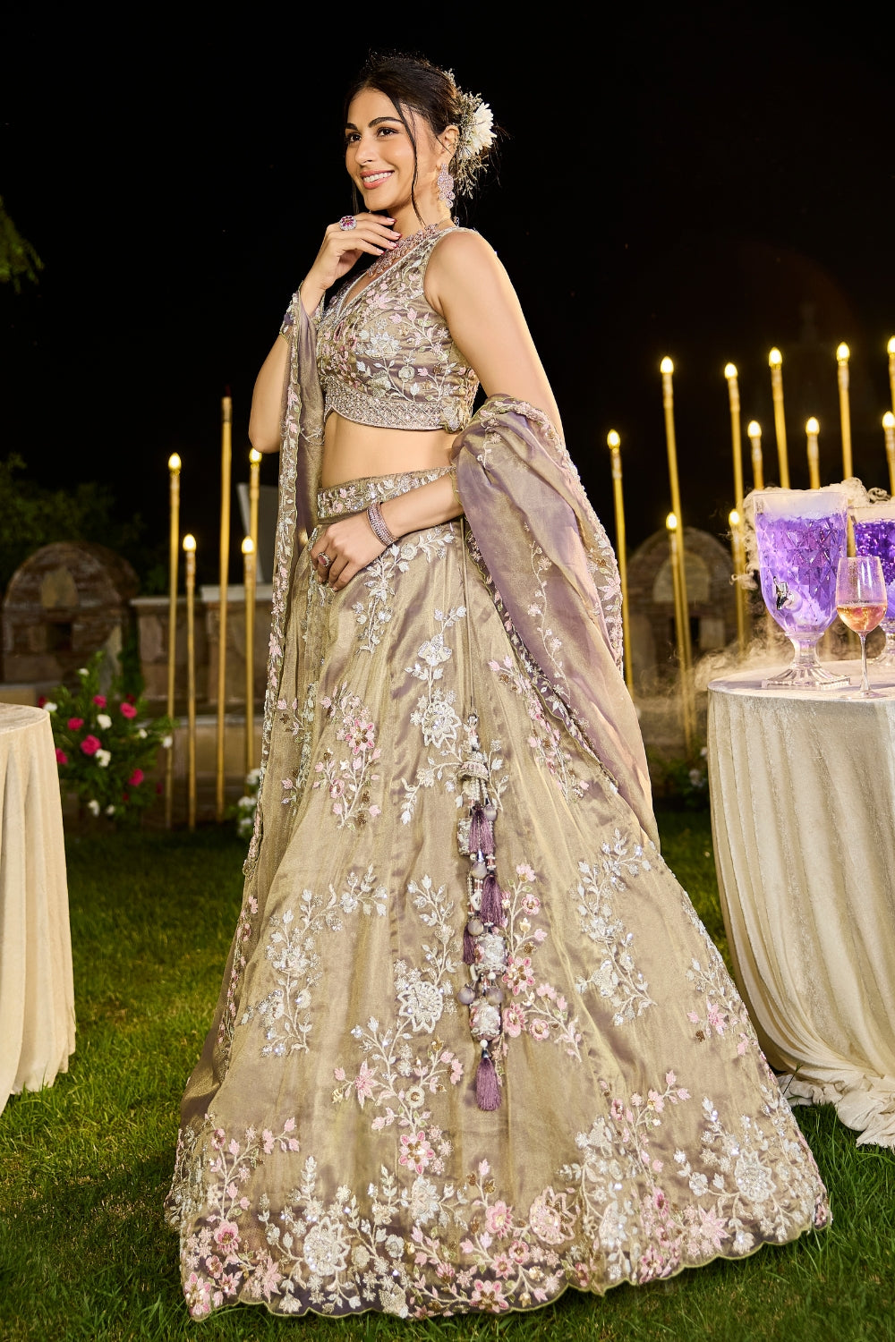Tissue lehenga Choli with Cutdana and Moti Work