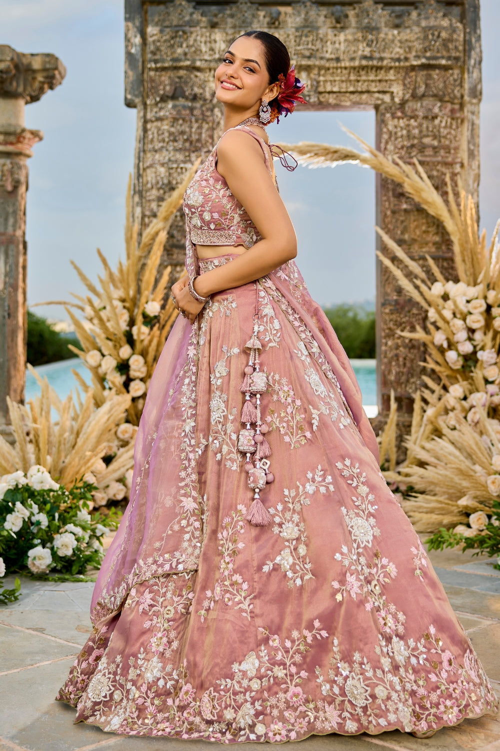 Tissue lehenga Choli with Cutdana and Moti Work