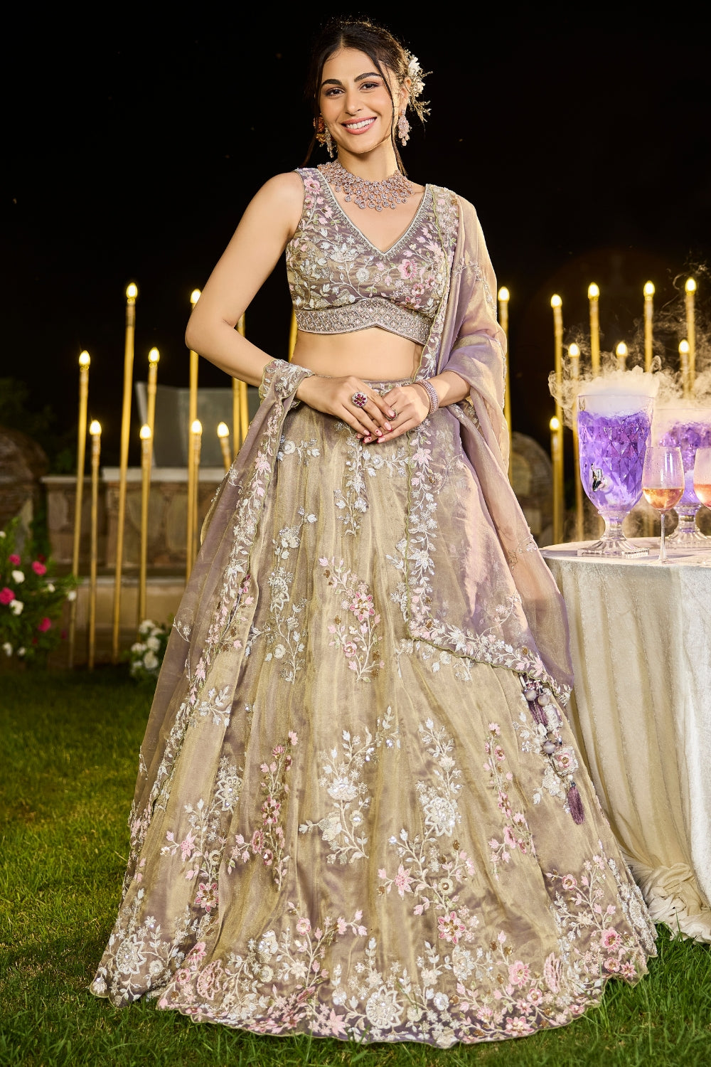 Tissue lehenga Choli with Cutdana and Moti Work