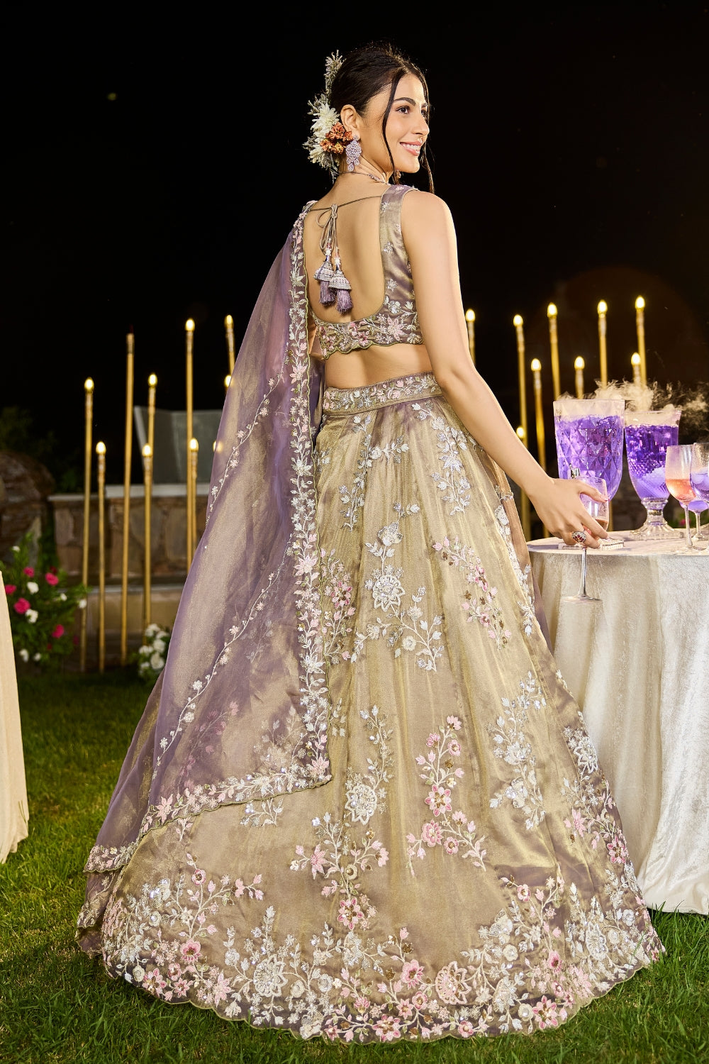 Tissue lehenga Choli with Cutdana and Moti Work