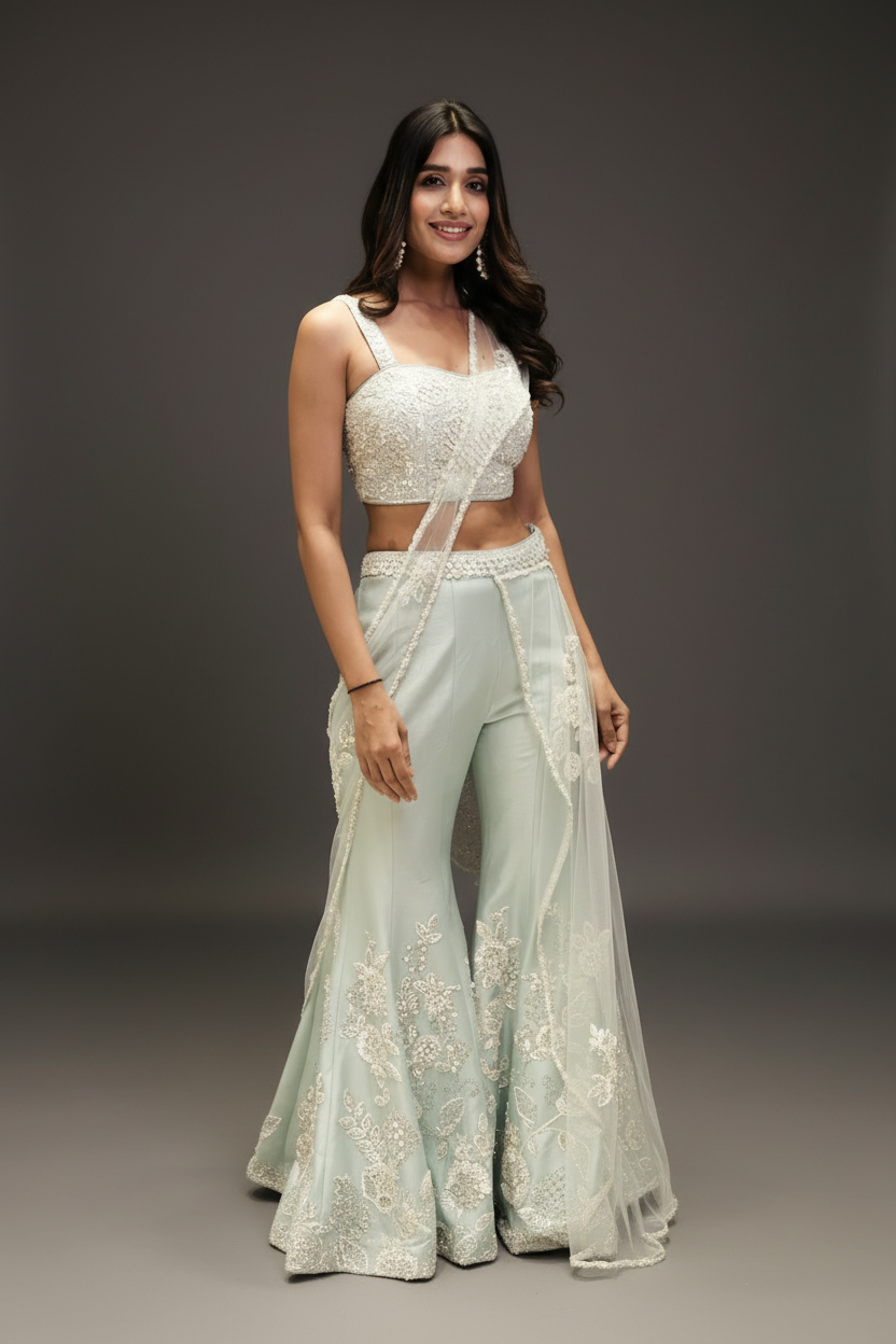 White silk Indo-western with hand cut dana and sequins work
