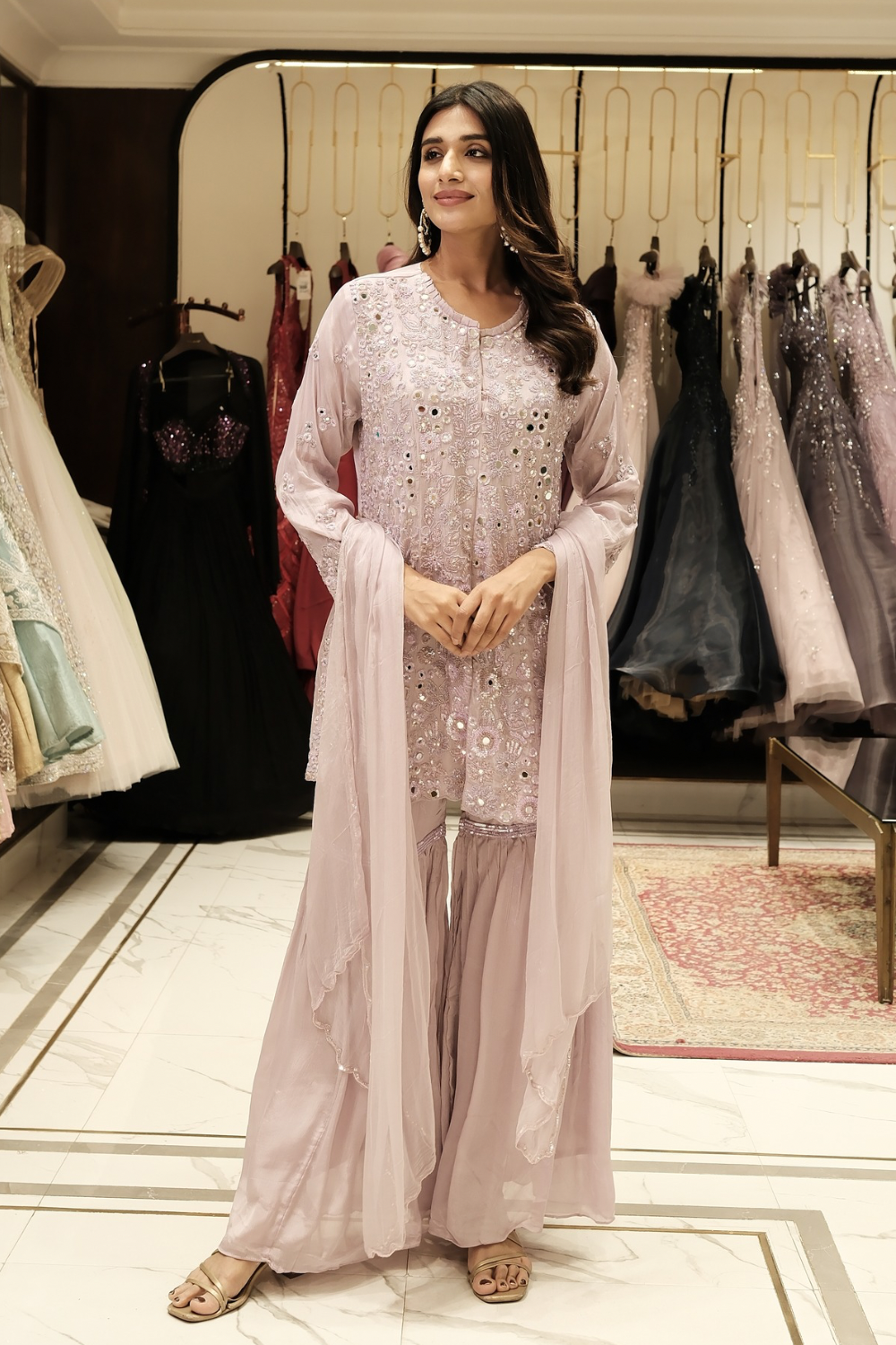Blush pink siffon georgette salwar suit with mirror and sequins work