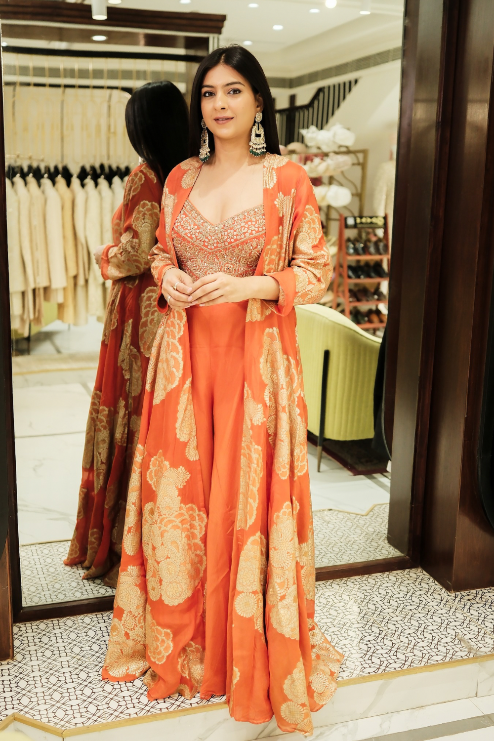 Orange banarasi silk Indo-Western with zardozi and pearl work