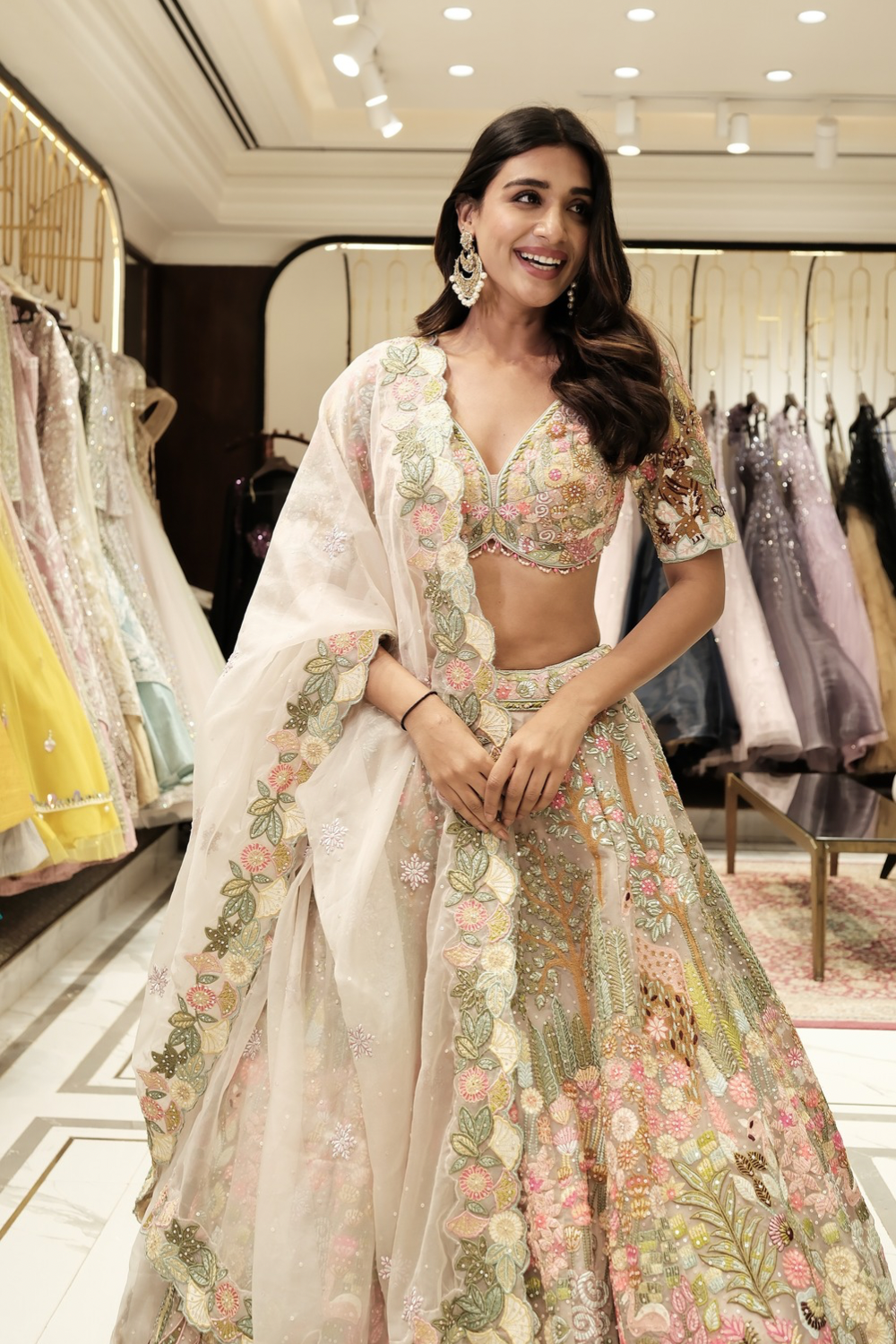 Multicolour organza lehenga choli with sequins and pearl work