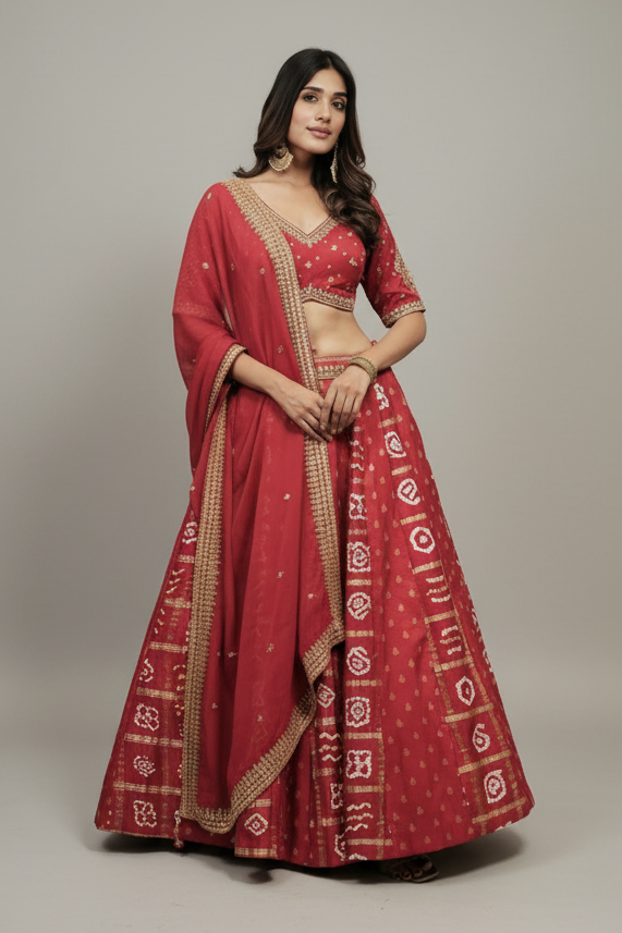 Red silk lehenga choli with mirror and pearl work