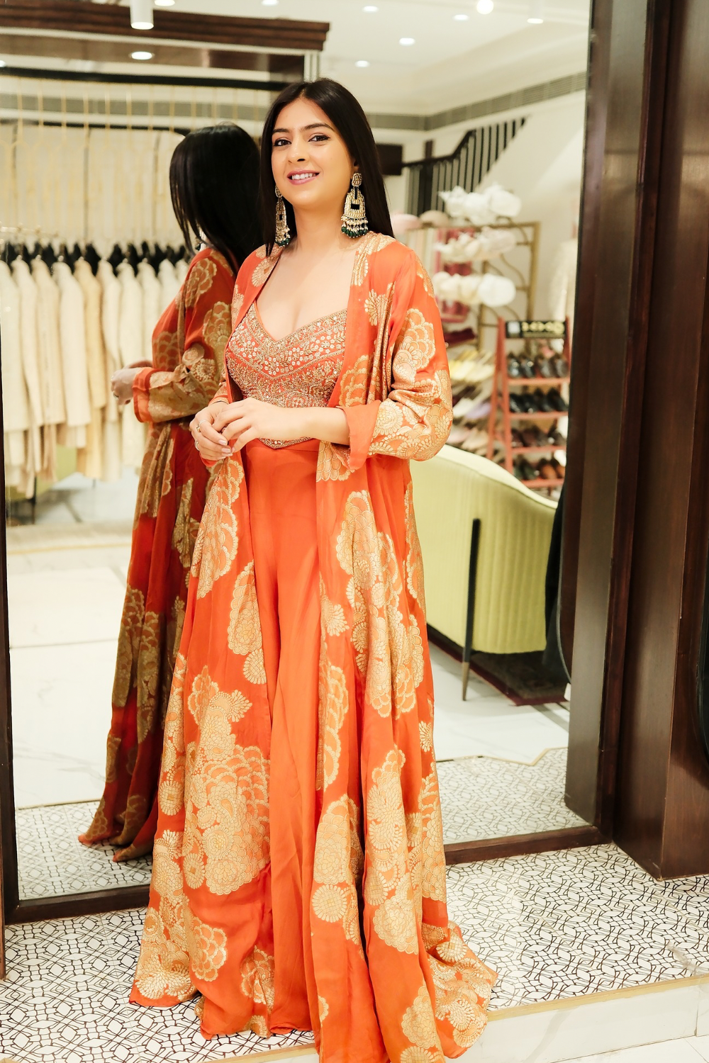 Orange banarasi silk Indo-Western with zardozi and pearl work