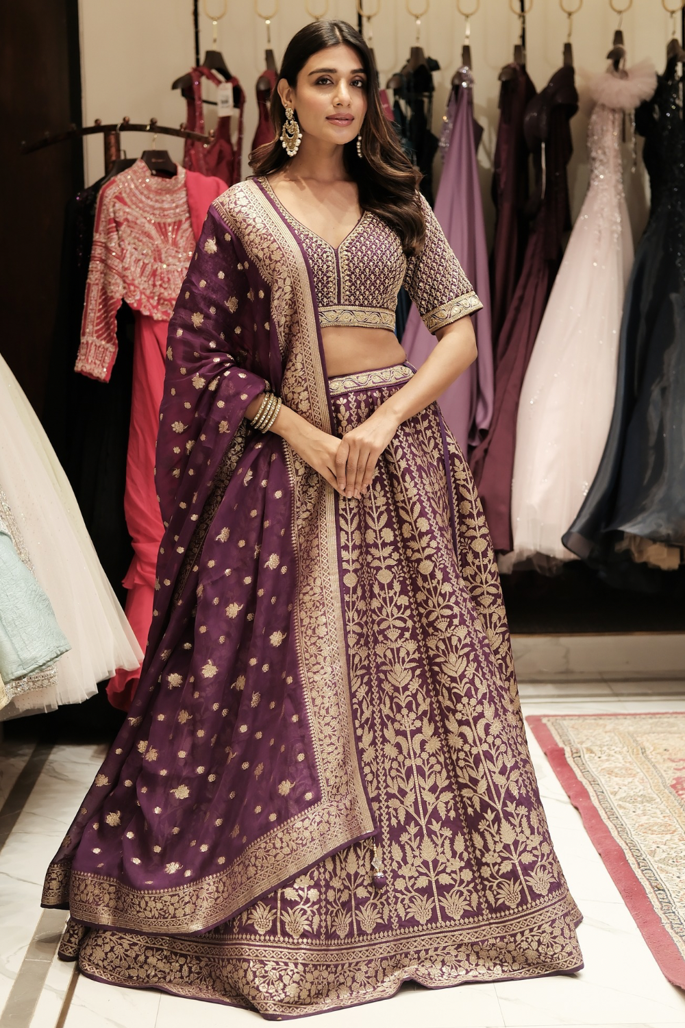 Purple banarasi silk lehenga choli with marori work