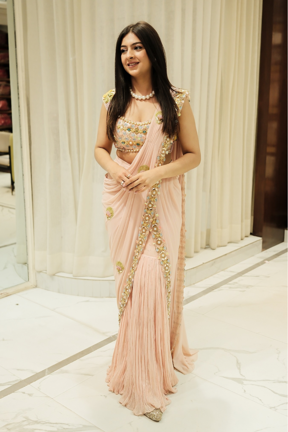 Baby pink georgette ready-to-wear saree