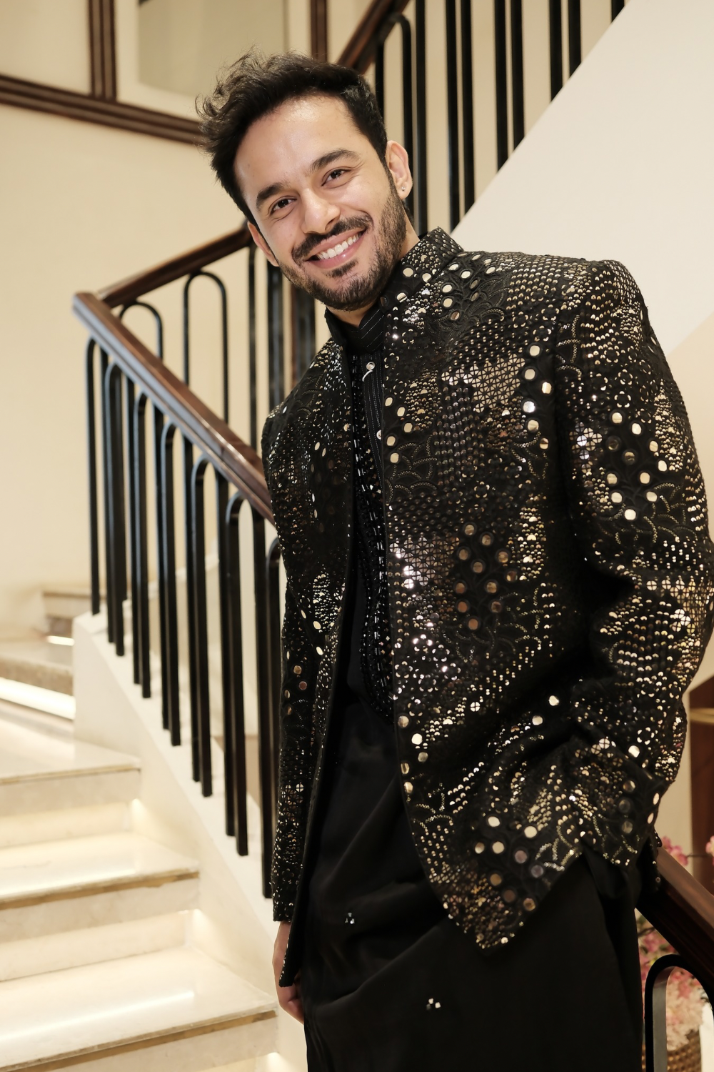 Black silk Indo-Western with foil and sequins work
