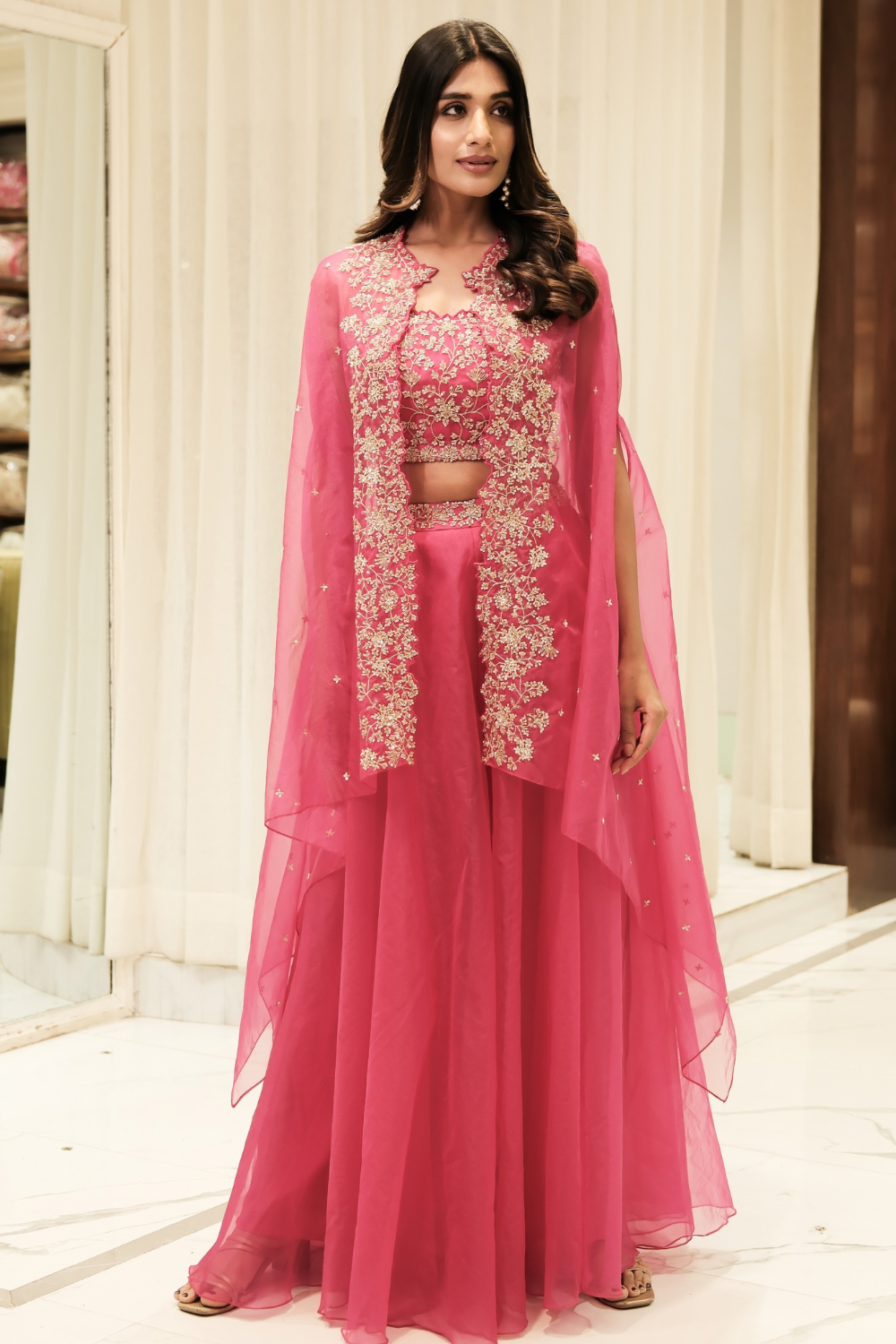 Fuchsia pink organza Indo-Western with aari and hand cut dana work
