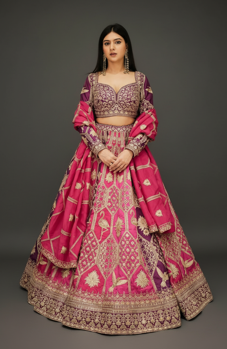 Pink & purple banarasi silk lehenga choli with thread and sequins work