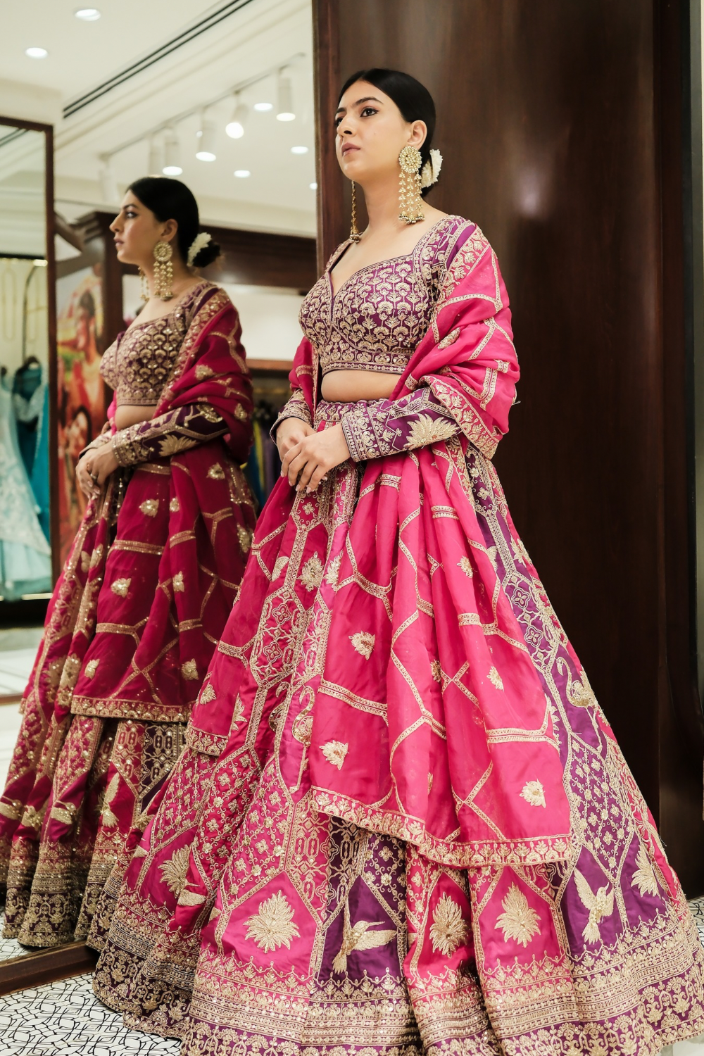 Pink & purple banarasi silk lehenga choli with thread and sequins work